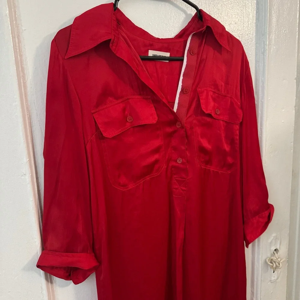 Zadig‎ & Voltaire Red Silk Button Front Shirt Dress Long Sleeve Mini Dress